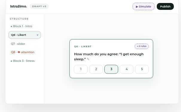 Istražimo questionnaire builder: questions, options and branching logic
