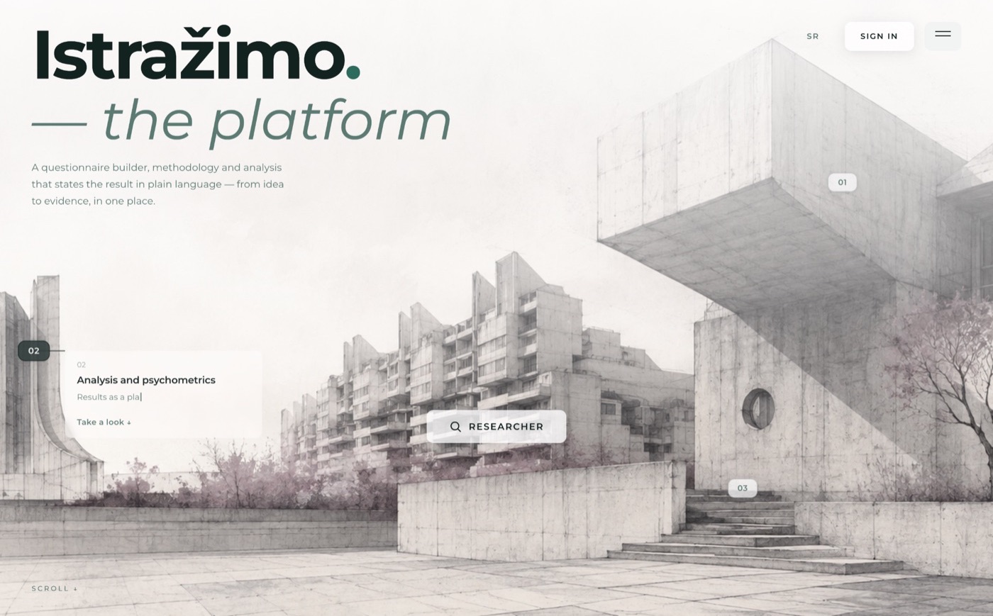 Istražimo public landing page with concrete architecture and an introduction to the research platform