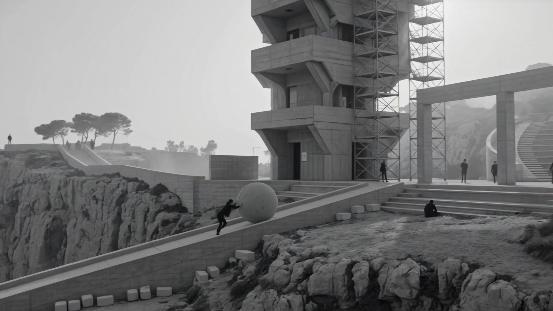Film still: past halfway up the climb.